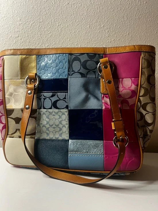 Vintage Coach Patchwork Multicolor Signature Bag Y2K Leather Canvas Shoulder Bag - Picture 5 of 6